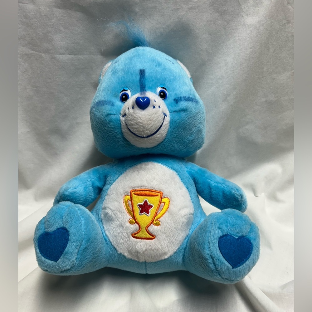 13" CARE BEARS BLUE CHAMP BEAR YELLOW TROPHY STUFFED ANIMAL PLUSH TOY 2004 Nanco